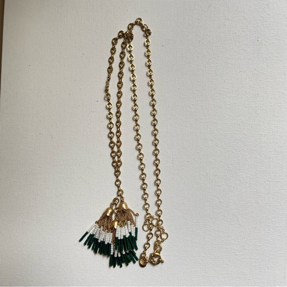 J. Crew glass bead tassel necklace on long goldtone chain in green and white - Picture 9 of 9